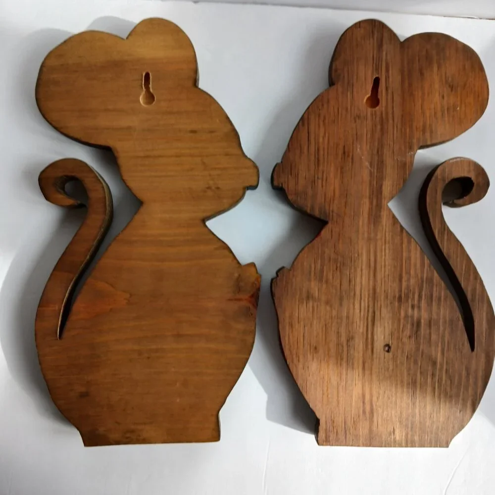 2 Vintage handmade wood mice wall hangings 11.25